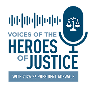 Heroes of Justice Podcast logo with a microphone
