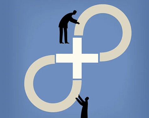 Two black figures at the top and bottom of infinity symbol